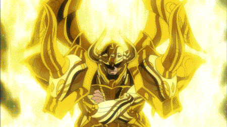 Aldebaran em posição de combate, com energia dourada ao redor